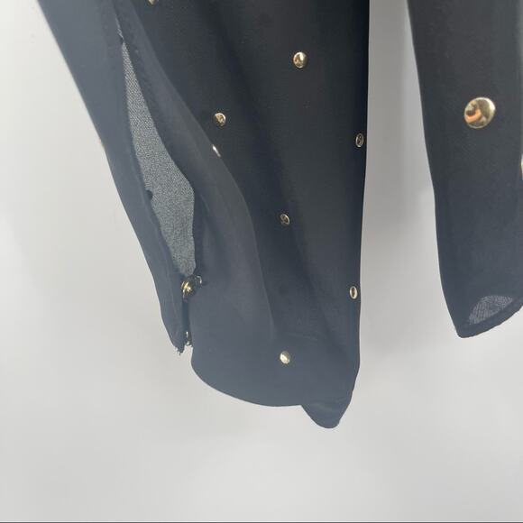 VINCE CAMUTO Blouse Black Gold Dot Grommet Holiday Cocktail Sheer Size Medium - Picture 11 of 13